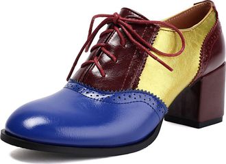 Generic Womens High Heeled Wingtips Oxford Shoes Lace-Up Vintage Brogues Chunky Block Heel Work Shoes,Blue,5.5 UK