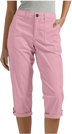 Generic Cropped Trousers for Women Solid Color Three Quarter Length Pants Elasticated Waist Ladies Capri Pants (UK, Alpha, L, Regular, Regular, Pink)