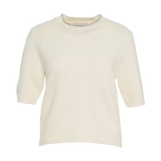 Semicouture Round-neck Knitwear, female, White, Size: L Elegant Rhinestone T-Shirt Bianco Aw25