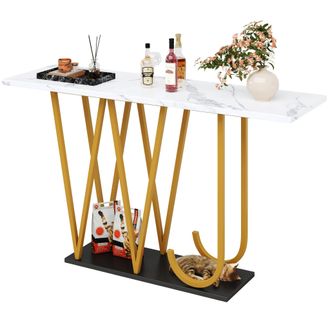 STILVORA Consola Con Espacio Abierto, Tablero Efecto M&aacute;rmol Y Base De Almacenaje Para Recibidor Cocina Sal&oacute;n, Mdf Metal, 120 X 29.5 X 80 Cm