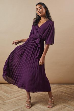 Oasis Womens Petite Occasion Kimono Sleeve Pleated Midi Dress - Purple - Size 10 UK