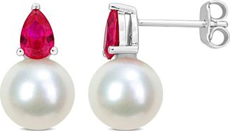 Delmar Lab Created Ruby & Freshwater Pearl Stud Earrings in Red at Nordstrom Rack