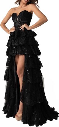 Rachel Allan High-Low Layered Tulle Gown In Black