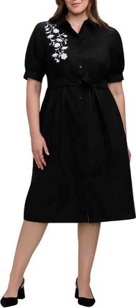 Foxcroft Esther Belted Floral Embroidered Cotton Blend Shirtdress in Black/White at Nordstrom, Size 1 X