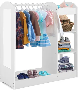 Costway Costway Armario De Almacenamiento Para Ni&ntilde;os Con Espejo, Perchero De Ropa, Armario De Madera Para Ni&ntilde;os, Muebles Organizadores De Juguetes Y Disfraces