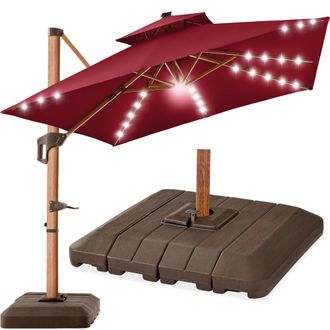 Best Choice Products 10ft Square Woodgrain Pattern 2-Tier Outdoor Solar LED Cantilever Umbrella w/ Base