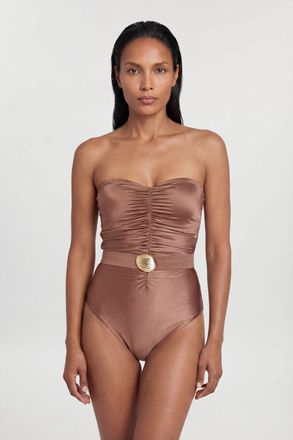 Karen Millen Womens Metallic Belt Detail Bandeau Swimsuit - Bronze Nylon - Size X-Small