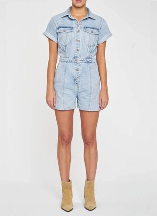 Daze Topanga Short Sleeve Organic Cotton Romper In Light Wash