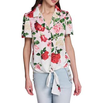 Karl Lagerfeld Rose Tie Front Button-Up Shirt in Cornelia Rose/Sft Wht Multi at Nordstrom, Size X-Large
