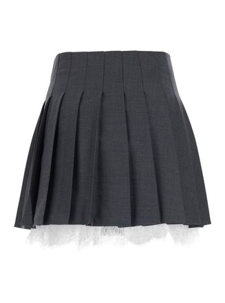 Self Portrait Pleated with Lace Trim Skirt - Gray