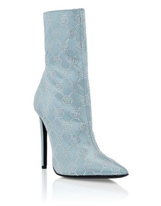 Philipp Plein Satin Boots High Heels Mid Monogram Strass Women in Lightblue at Nordstrom, Size 38