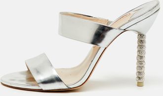 Sophia Webster Silver Foil Leather Crystal Embellished Heel Slide Sandals