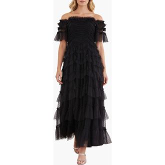 Needle & Thread Aviana Off-Shoulder Gown in Graphite at Nordstrom, Size 16