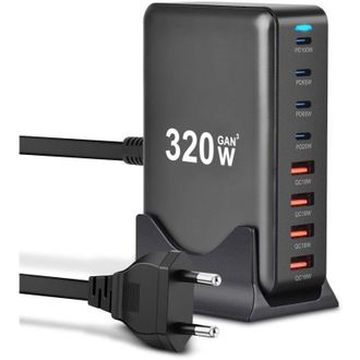 OEM Adaptador De Corriente Usb Gan De 8 Puertos (4 Usb-c, 4 Usb-a) De 320 W Para Macbook Pro/air, Iphone, Ipad Pro, Galaxy Y Steam Deck