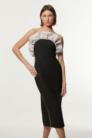 Karen Millen Womens Tall Ruffle Taffeta Stretch Crepe Bandeau Tailored Midi Dress - Black - Size 10 UK