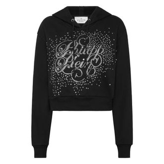 Philipp Plein Hoodie Sweatshirt Crop Strass - Dames - Hoodies - Zwart - M - Katoen - Hoodies & sweatvesten