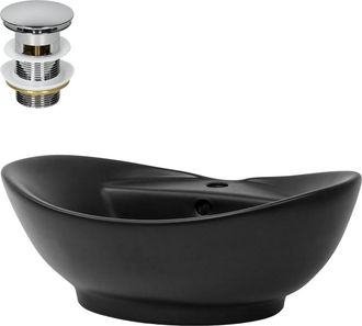 ECD Germany Lavabo ba&ntilde;o cer&aacute;mica negro ovalado sobre encimera y juego drenaje