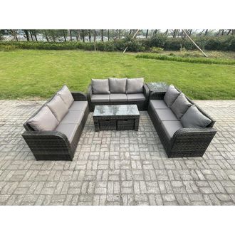 Fimous 11 Seater Outdoor Lounge Sofa Set Rattan Garden Furniture Set with Rectangular Coffee Table Side Table 2 Small Footstools 3 Seater Sofa Dark Grey