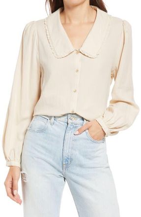 Treasure & Bond Ruffle Collar Cotton Button-Up Shirt in Beige Pumice at Nordstrom, Size X-Large