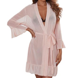 Generic Womens Sheer Mesh Robe with Lace Trim, Sexy Lingerie Cover-Up, Lightweight Sleepwear, Flowy Kimono Style Dressing Gown, Elegant See-Through Babydoll N