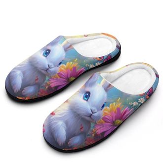 Generic Cute Bunny Flowers Womens Slippers Warm House Slippers Indoor House Shoes with Anti-Skid Rubber Sole