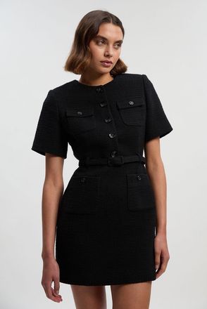 Karen Millen Womens Textured Tweed Belted Tailored Mini Dress - Black Cotton - Size 10 UK