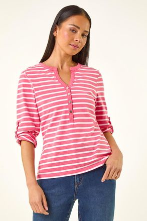 Roman Stripe V-Neck Button Top