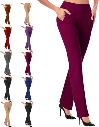 Generic Womens Stretch Business Casual Wide Leg Dress Pants, Trousers Pull Women Tummy Control Workout Yoga Pants (Dark Purple,M)