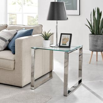 Furniturebox Miami Modern Square Clear Glass Side End Bedside Table with Square Silver Chrome Metal Legs for Living Room or Bedroom