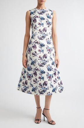 Emilia Wickstead Rumi Floral Satin Fit & Flare Midi Dress in Floral Purple/blue On Ivory at Nordstrom, Size 4 Us