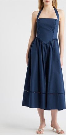 Moon River Ladder Stitch Detail Halter Neck Cotton Dress in Navy at Nordstrom, Size X-Small