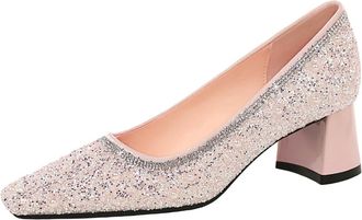 Generic High Heels for Women Pink Diamante 5cm Block Heel Pumps Square Toe Sparkle Sequins Wedding Shoes for Bride Prom Party-Numeric_7_Point_5