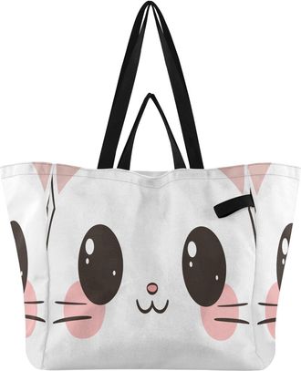 Generic Kitten Face White pattern Reusable Canvas Tote Bag, Heavy Duty Grocery Shopping Bag with Large Capacity Hard Bottom Double Handles Work Groceries Trav