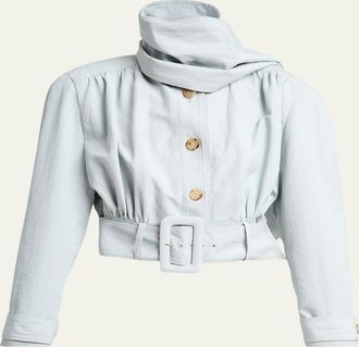 Chlo&eacute; Neck-Scarf Belted Linen Crop Jacket