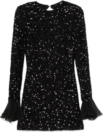 Rotate Mini-jurk met pailletten en ruches aan de manchetten - Dames - Feestkleedjes - Zwart - XL - Pailletten - Kleedjes