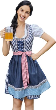 KOJOOIN Women Traditional Dirndl Dress 3 Pieces Midi Dress-Oktoberfest SkirtCostume Fancy Dress,Blouse,Apron Plaid Blue XL