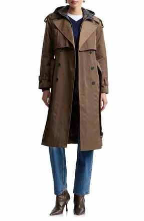 Avec Les Filles Crinkled Nylon Trench Coat with Hooded Bib Inset in Moss Plaid at Nordstrom, Size Xx-Large
