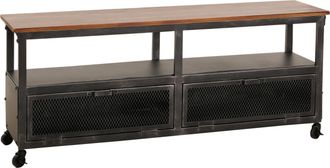 Hhg Hhg - Tablero Bajo 079, Soporte Tv, Ruedas 2 Compartimentos, Estructura 3d Metal Retro Industrial Madera 55x130x36cm, Negro, Marr&oacute;n