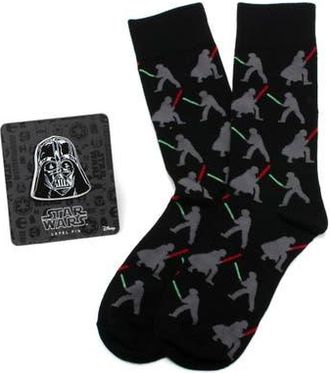Cufflinks Inc. Darth Vader Luke Lightsaber Battle Crew Socks & Lapel Pin Gift Set in Multi at Nordstrom, Size 10-13