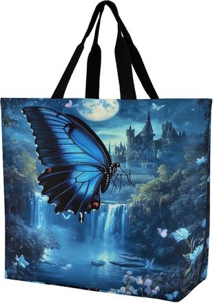 Generic Blue Butterfly Castle Moon Reusable Shopping Bags Large Capacity Grocery Bag Heavy Duty Tote for Women 40x40x16cm