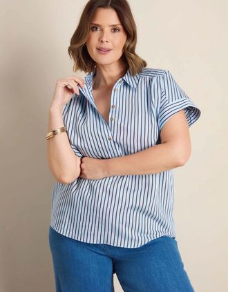 Live Unlimited London Womens Blue And Chocolate Stripe Short Sleeve Shirt - Size: 28