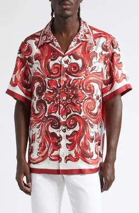 Dolce & Gabbana Majolica Print Short Sleeve Silk Button-Up Shirt in Id5Dq Maiolica 1L Rubino at Nordstrom, Size 39