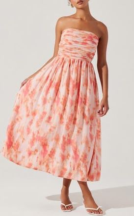 ASTR the Label Aneesha Tie Dye Bow Back Strapless Midi Dress in Coral Tie Dye at Nordstrom Rack, Size Medium