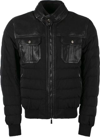 Moorer Gewatteerde bomberjack met leren inzetstukken - Heren - Gewatteerde jassen - Zwart - M - Polyester - Jassen