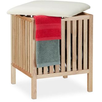 Relaxdays Taburete Cuadrado Con Cesto Ropa Sucia, Banco Almacenaje Madera/tela, Ba&ntilde;o 40l, 51x41x41cm, Natural/blanco - Relaxdays