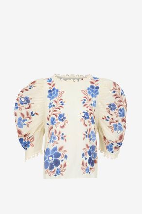 Farm Rio Bluse mit U-Boot-Ausschnitt aus Baumwolle mit Spitze