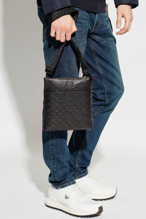 Emporio Armani Leather Shoulder Bag With Monogram, Mens, Black