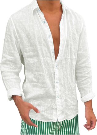 Generic Mens Shirts Casual Cotton Linen Hawaiian T-Shirts Short Sleeve Button Tops Tees Summer Vacation Beach Clothes Blouse Camisa Manga Corta Hombre(White, 