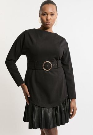 Karen Millen Plus Belted Pu And Ponte Jersey Frill Hem Mini Dress