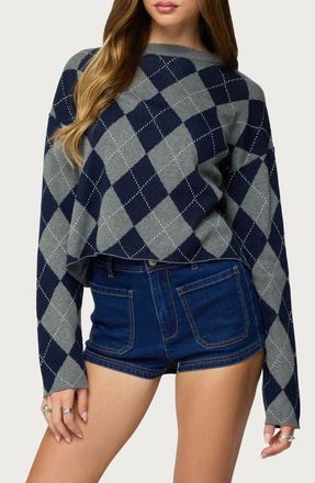 Edikted Prep Argyle Crop Cotton Sweater in Dark-Gray-Melange at Nordstrom, Size X-Small
